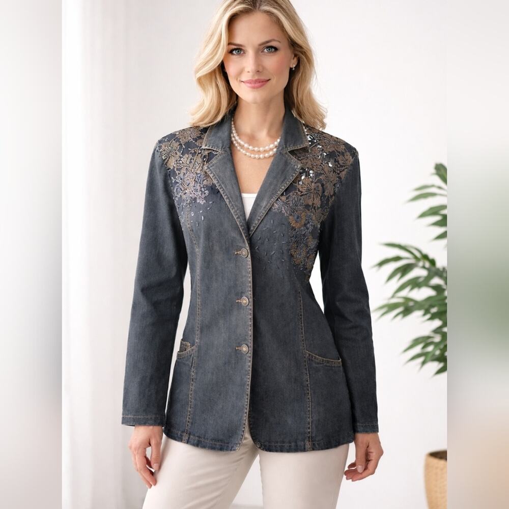 Nancy Bolen Soft Black Tailored Denim Embellished Blazer sz 14